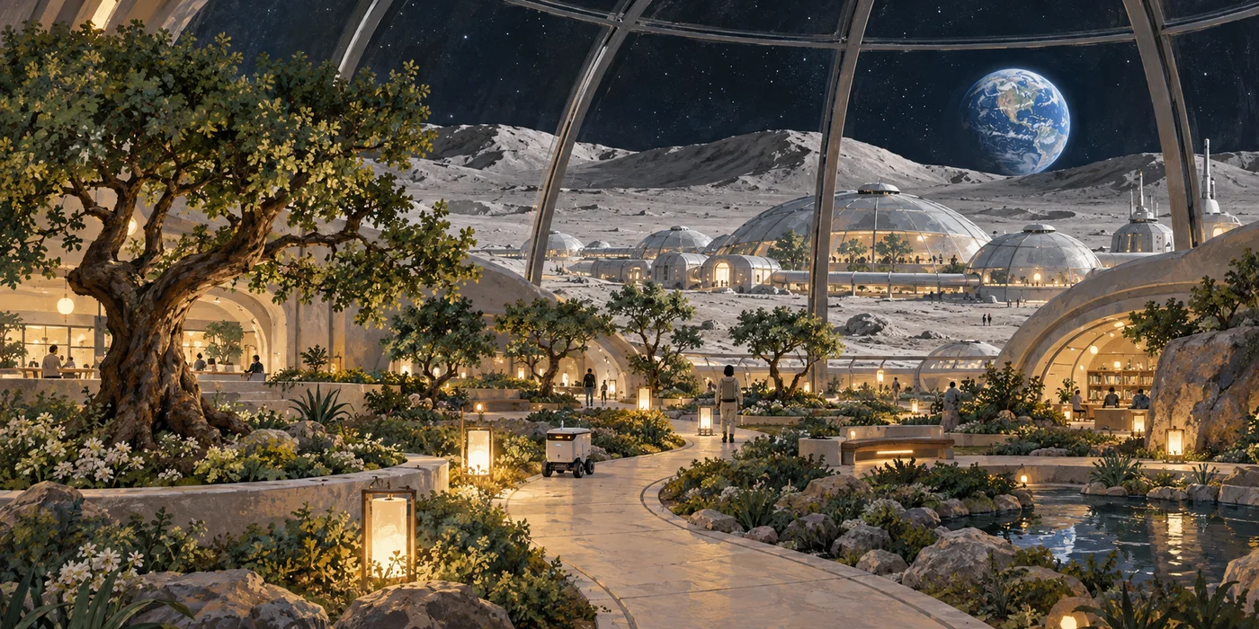 Warm garden lights inside a lunar dome, looking out toward Earth